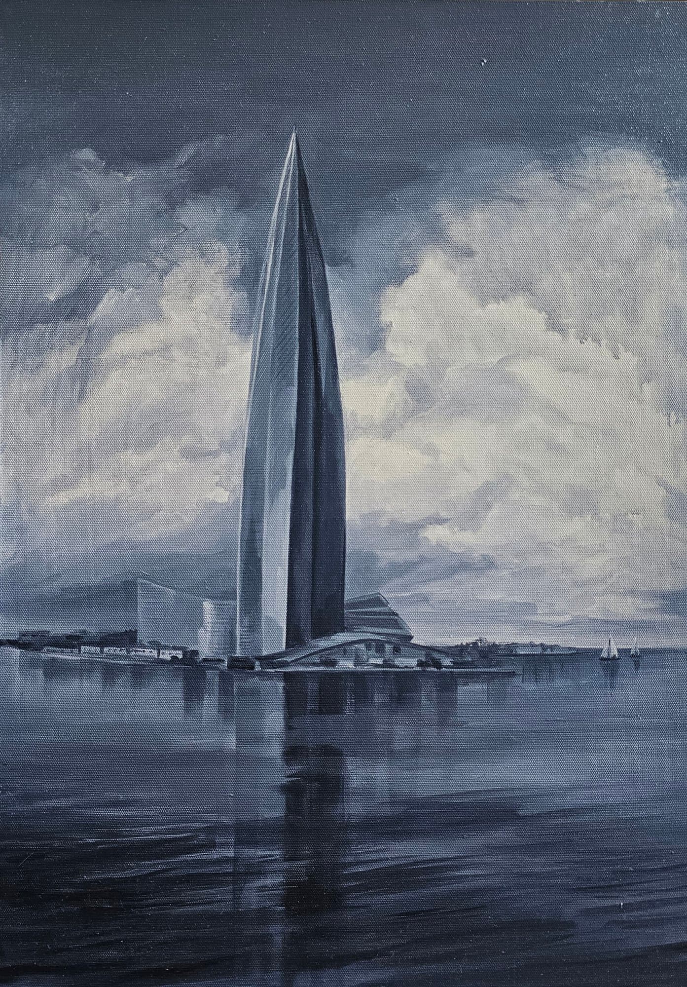 Monochrome cityscape of the Lakhta Center tower above water against clouds