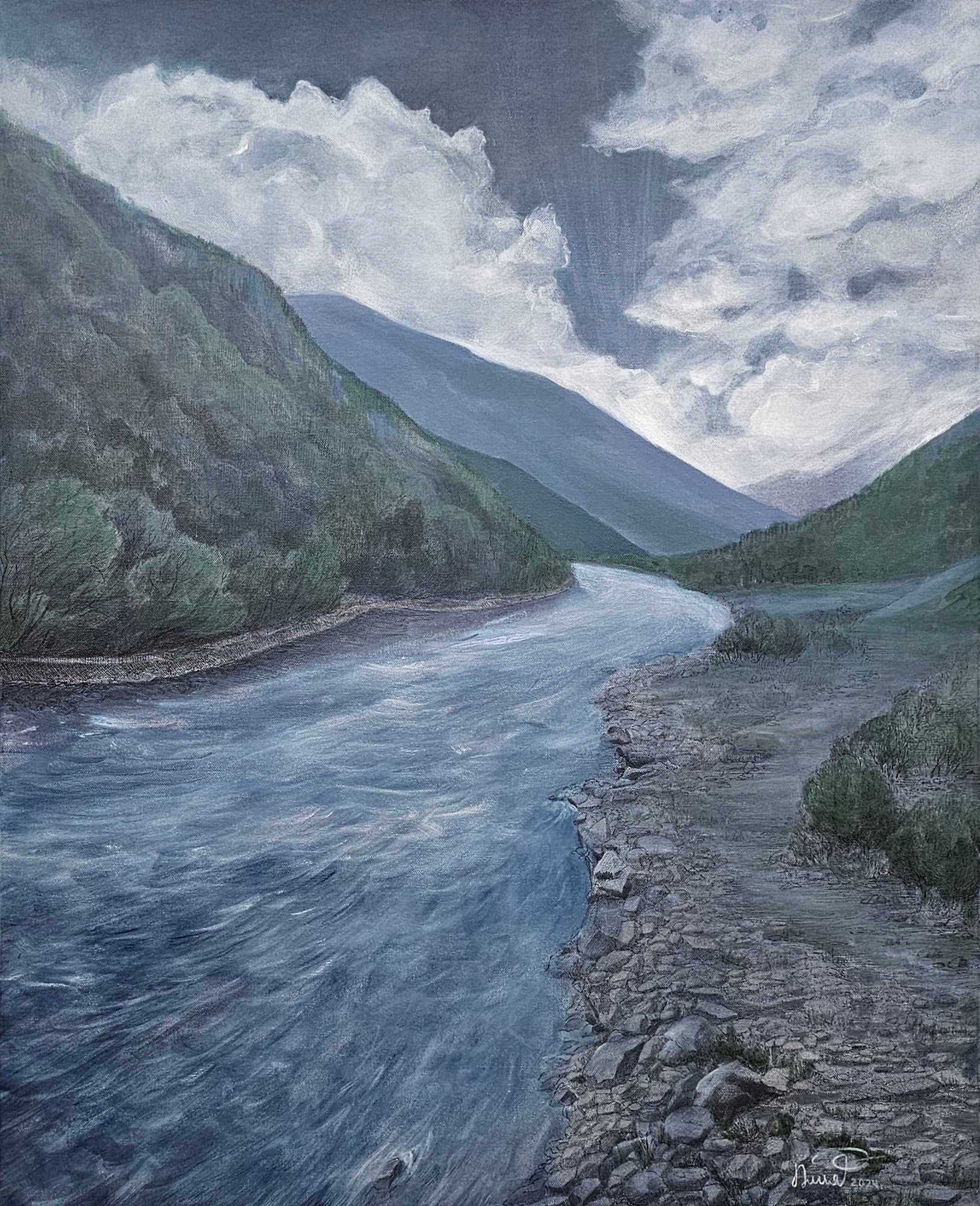 Mountain river with a rocky bank between forested slopes