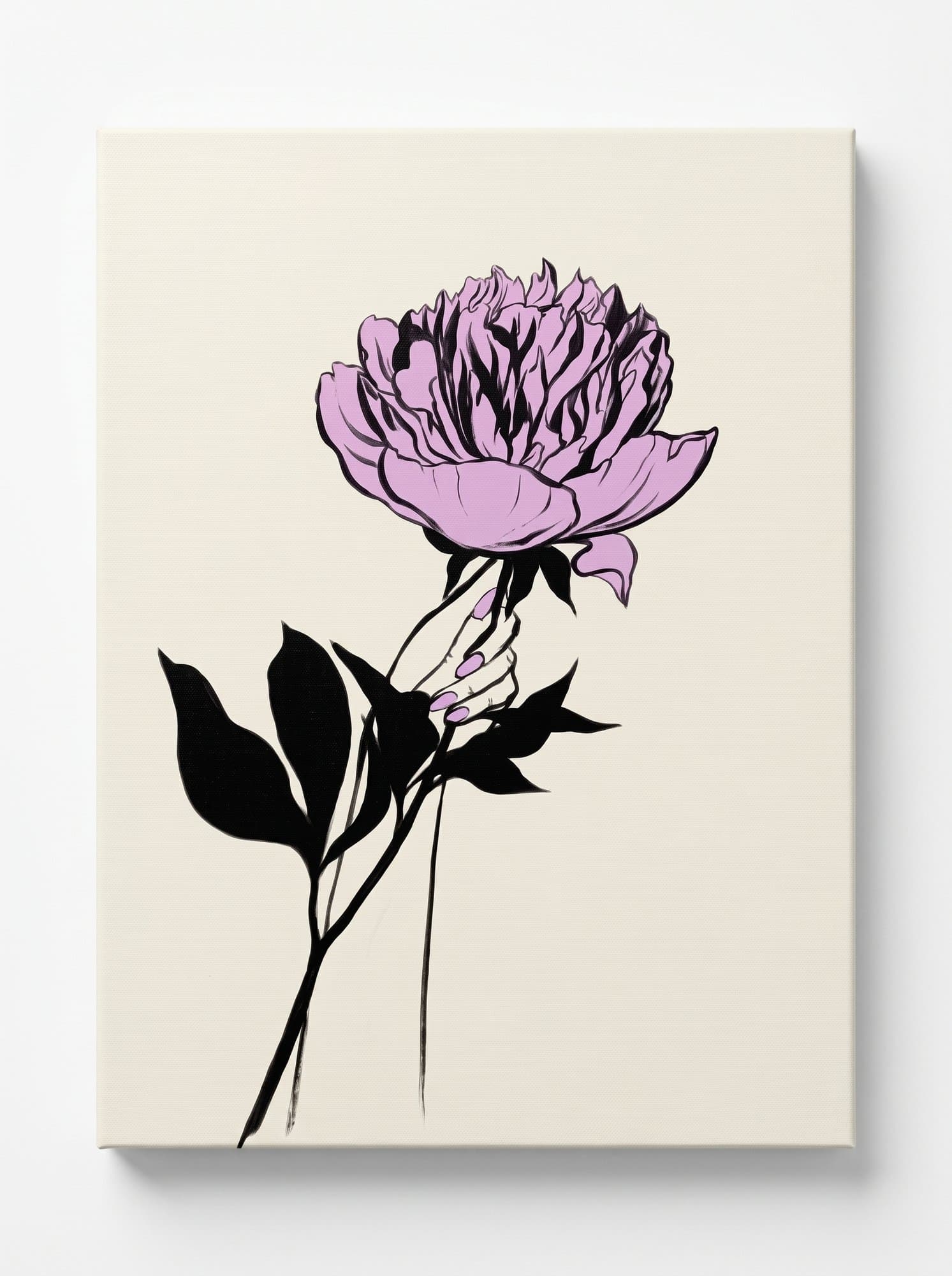 Lilac peony with black leaves on a light background