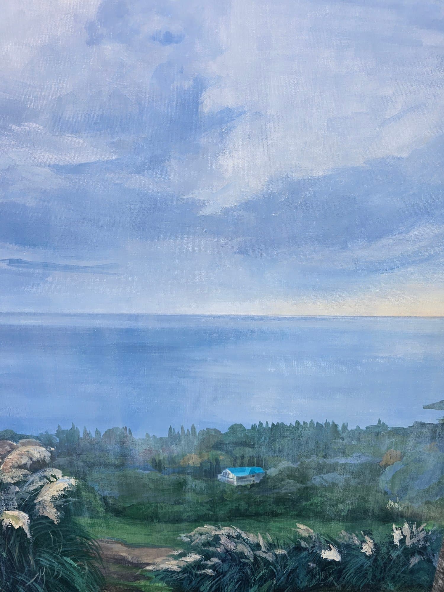 Landscape of a cloudy sky over distant water, with greenery and white flowers below