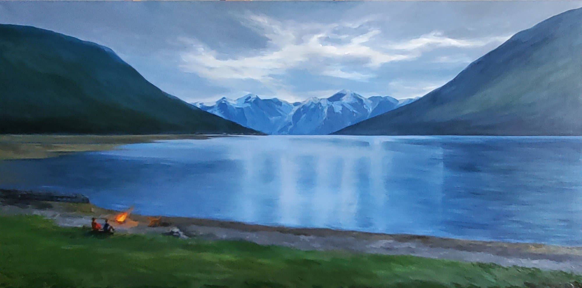Evening by the Lake — a mountain lake at dusk with a campfire on the shore